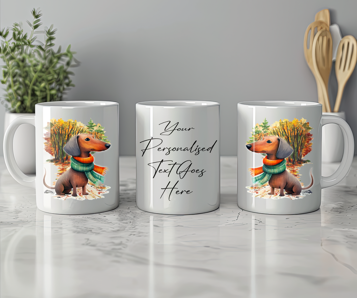 Personalised Dachshund Pet Dog Gift Mug wearing an Autumn scarf on a walk