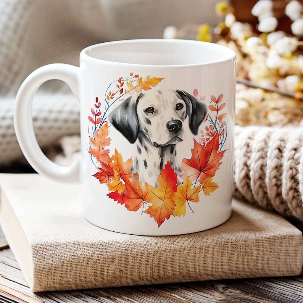 Personalised Dalmatian in an Autumn wreath - Keepsake Mug, ideal gift for Birthday and Christmas Gift, by Floppsie Moppsie – floppsiemoppsie at floppsiemoppsie.co.uk