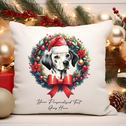 Personalised Dalmatian with santa hat in a Christmas wreath - Keepsake Gift cushion, by Floppsie Moppsie – floppsiemoppsie at floppsiemoppsie.co.uk