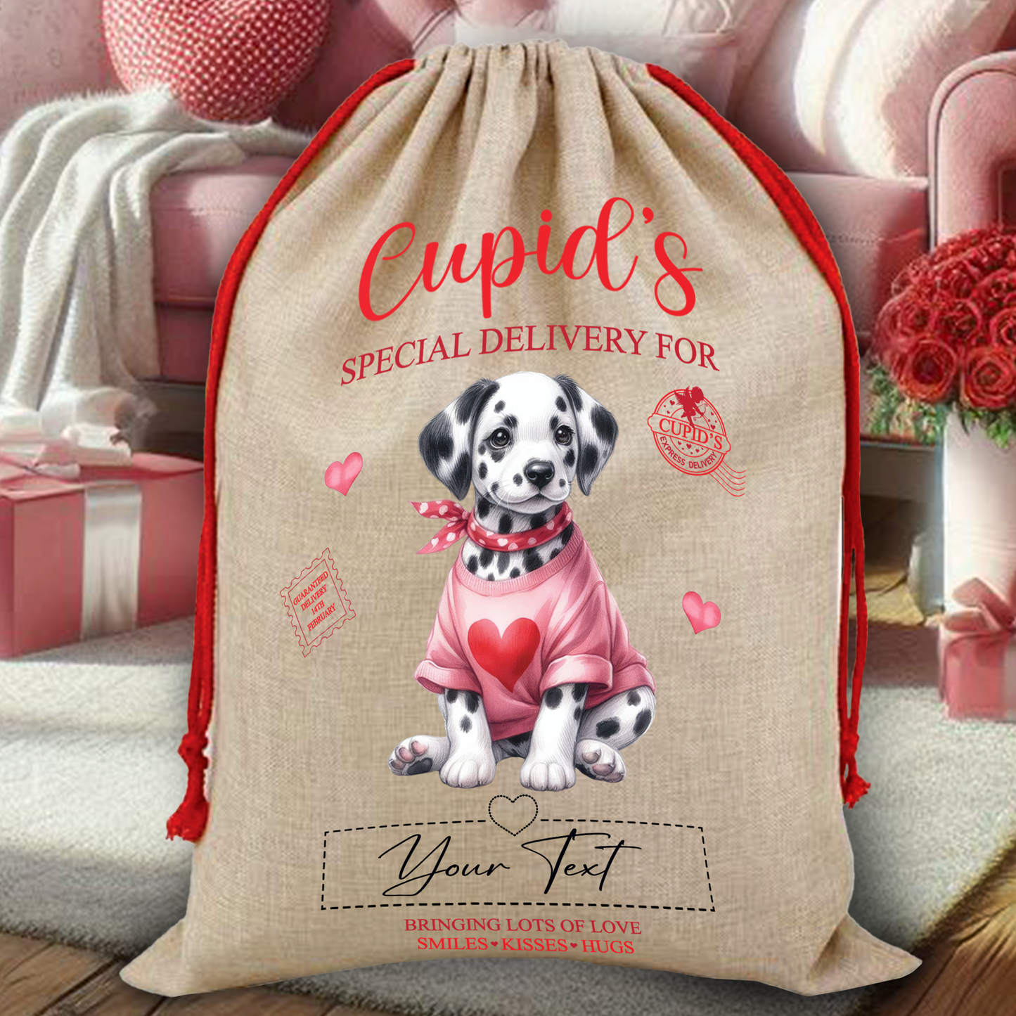 Personalised Dog Love Heart Valentine Anniversary Gift Sack - Dalmatian