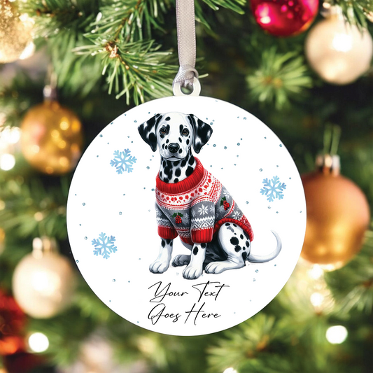 A Personalised Dalmatian Jumper Dog Hanging Bauble Decoration