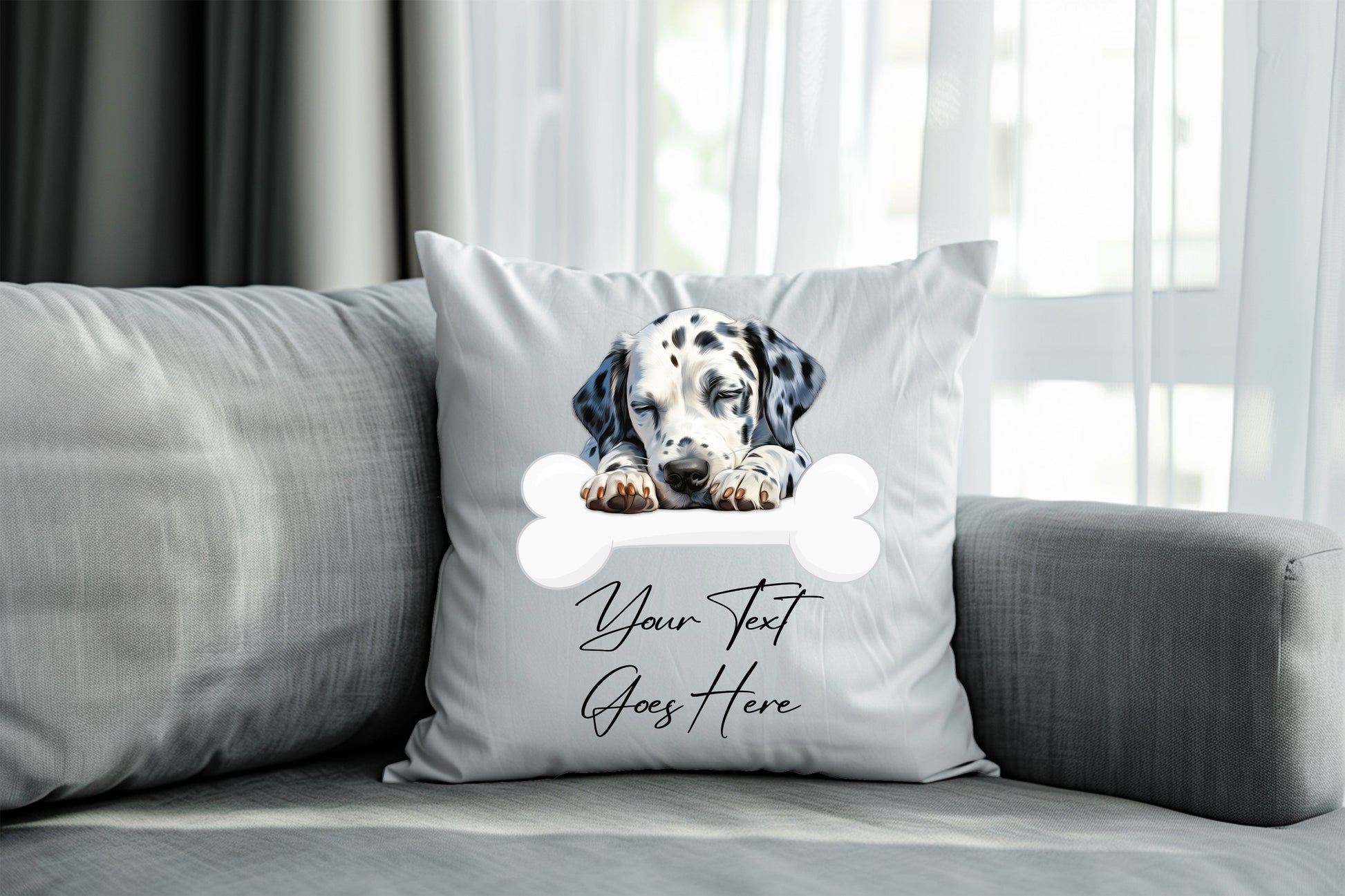 Personalised Dalmatian sleeping on a bone Pet Dog Keepsake Gift Cushion, by Floppsie Moppsie – floppsiemoppsie at floppsiemoppsie.co.uk