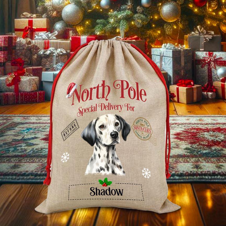 Personalised Dog Dalmatian – North Pole Special Delivery Santa Sack Pet Gift, by Floppsie Moppsie – floppsiemoppsie at floppsiemoppsie.co.uk