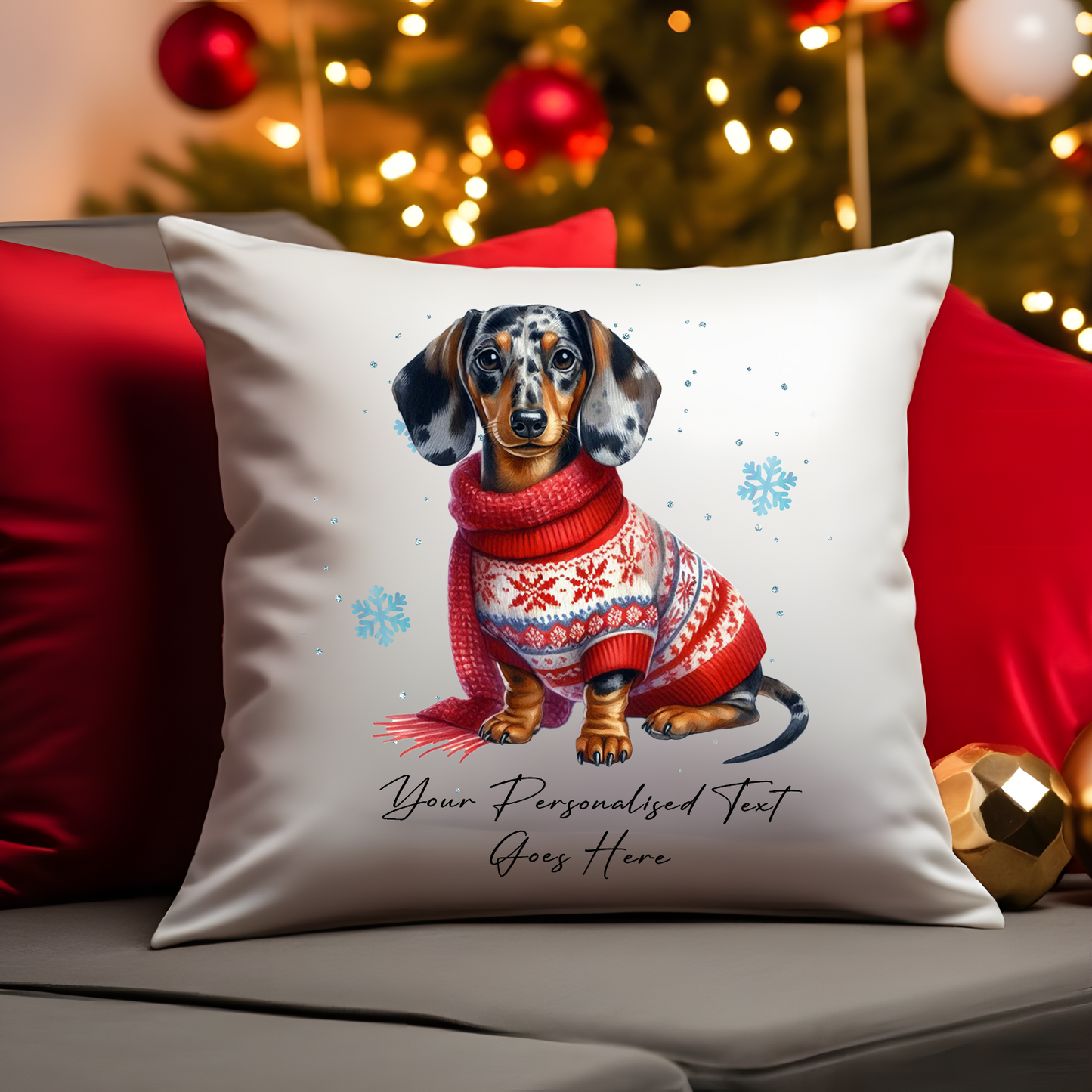 Personalised Dappled Dachshund Dog Christmas jumper Cushion Cover Gift