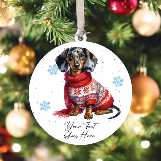 A Personalised Dappled Dachshund Jumper Dog Hanging Bauble Decoration