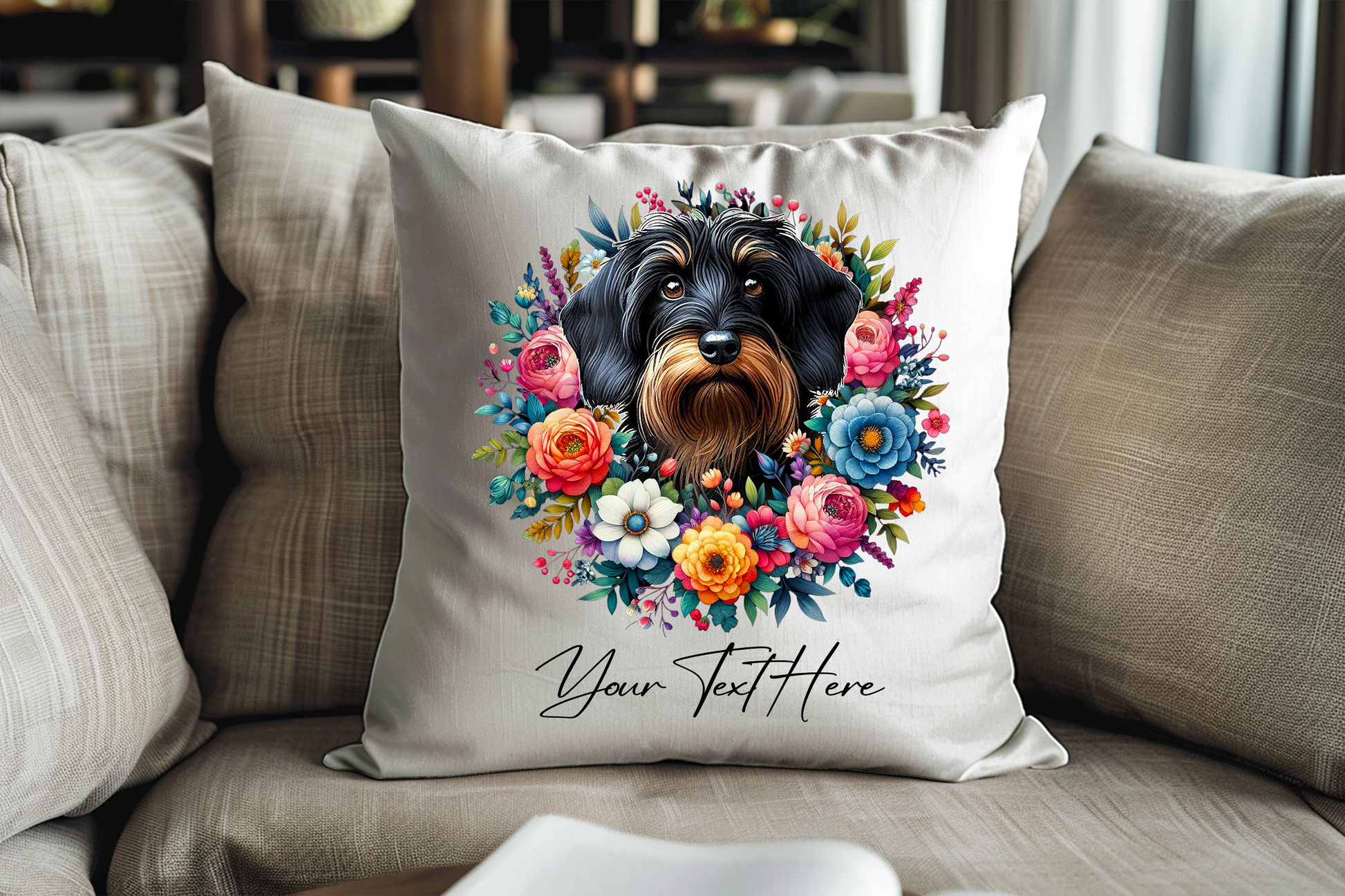 Personalised Floral Summer Pet Dog Wreath with Wirehaired Dachshund - Keepsake Gift Cushion, by Floppsie Moppsie – floppsiemoppsie at floppsiemoppsie.co.uk