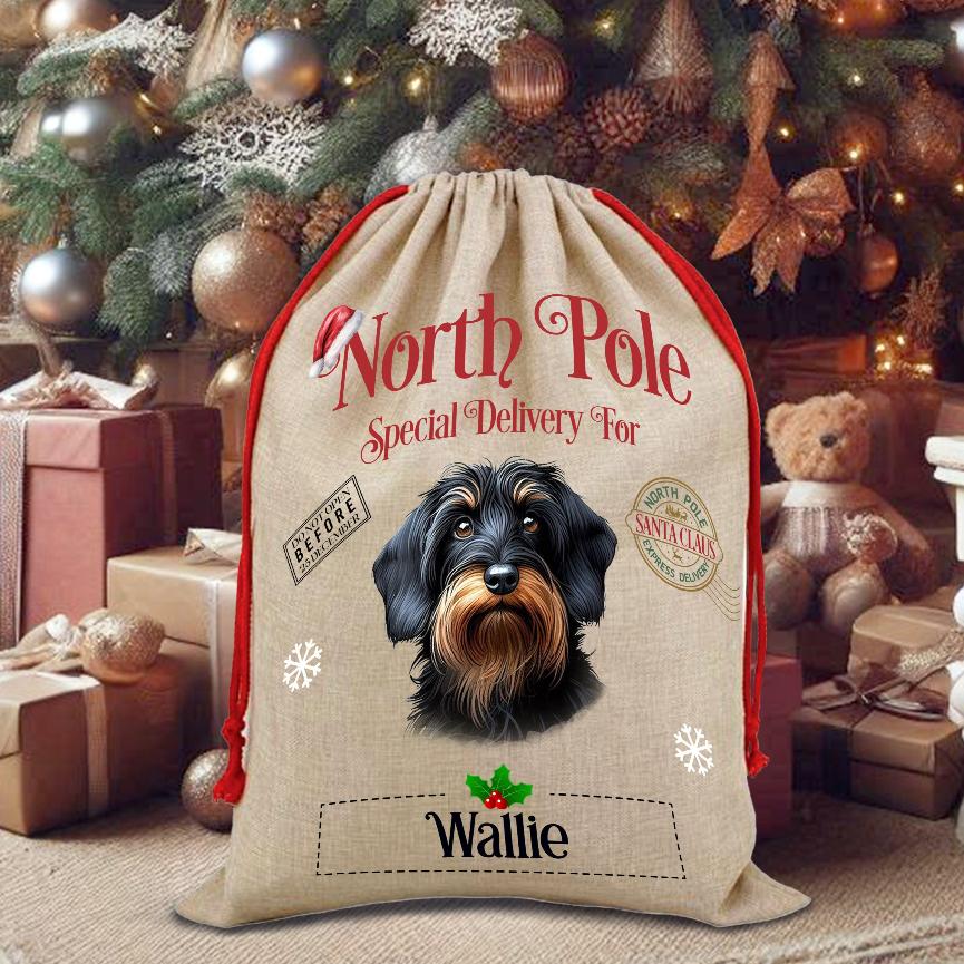 Personalised Dog Wirehaired Dachshund – North Pole Special Delivery Santa Sack Pet Gift, by Floppsie Moppsie – floppsiemoppsie at floppsiemoppsie.co.uk