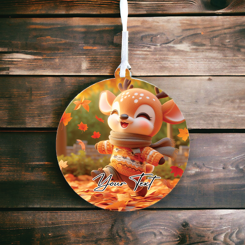 Cute Personalised Deer playing in the autumn leaves - Keepsake Gift Hanging Decoration, by Floppsie Moppsie – floppsiemoppsie at floppsiemoppsie.co.uk