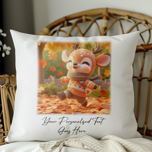 Personalised Cute Deer Playing in Autumn Leaves - Keepsake Gift Cushion, by Floppsie Moppsie – floppsiemoppsie at floppsiemoppsie.co.uk