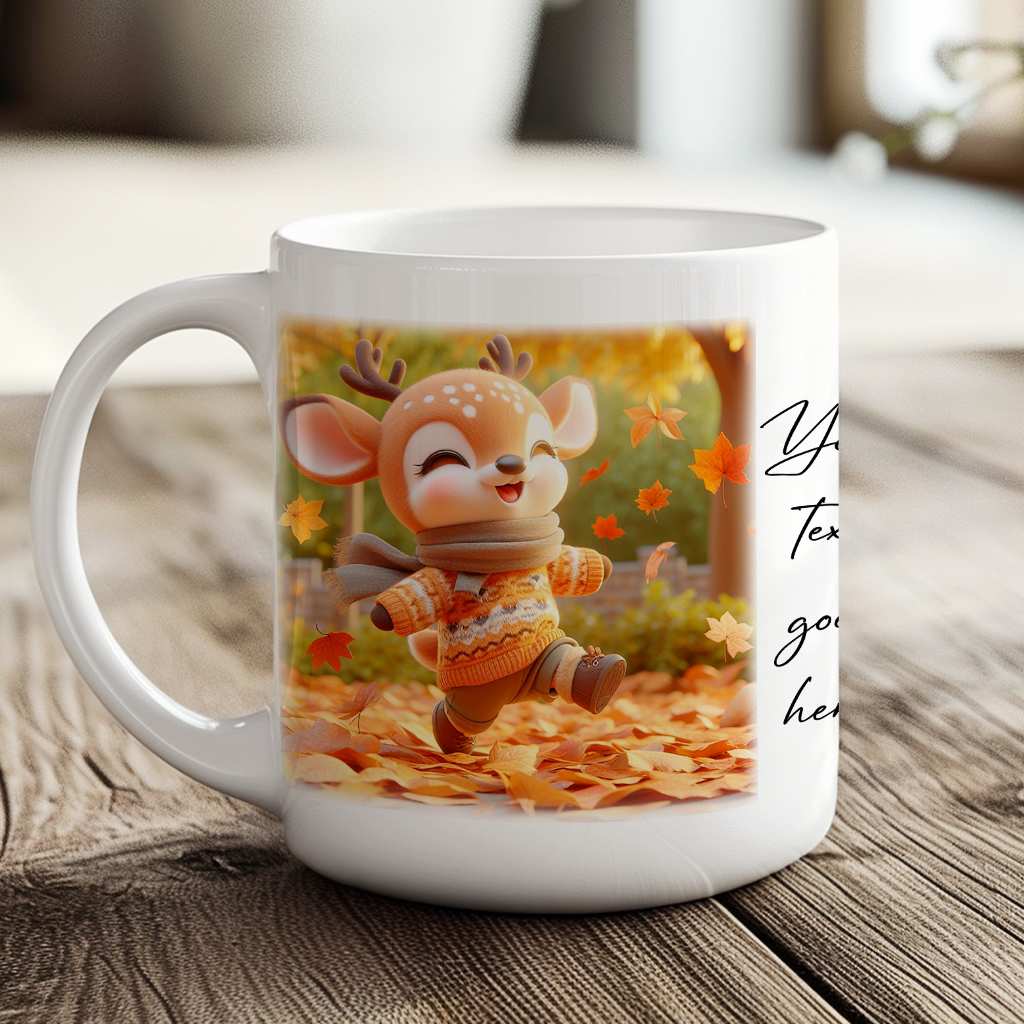 Personalised Cute Deer Playing in Autumn Leaves - Keepsake Gift Mug, by Floppsie Moppsie – floppsiemoppsie at floppsiemoppsie.co.uk