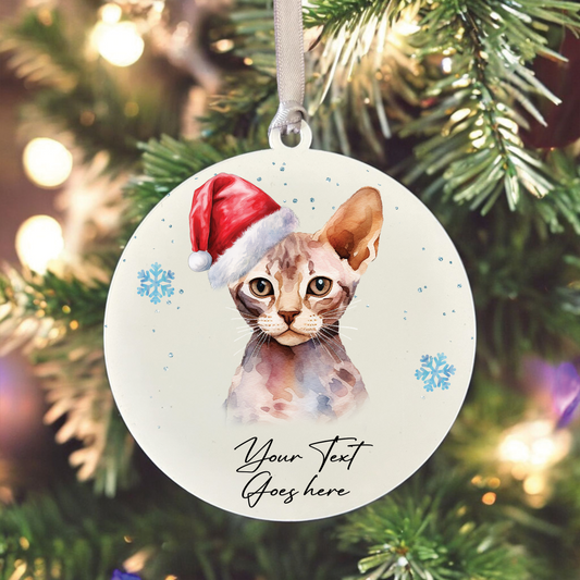 Personalised Christmas Devon Rex in Santa Hat - Hanging Cat Bauble Decoration