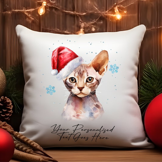 Personalised Cat Christmas Devon Rex in Santa Hat - Cushion Cover Gift