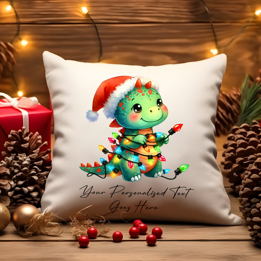 Personalised Dinosaur wrapped in Christmas Lights Cushion Cover Gift - Style A