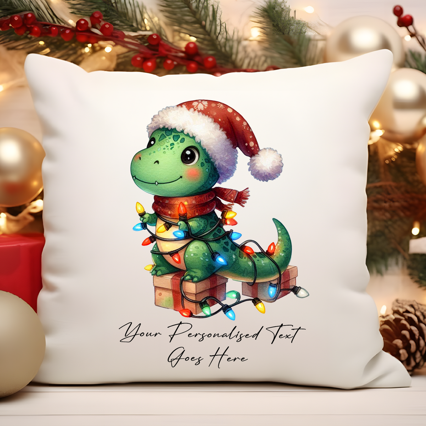 Personalised Dinosaur wrapped in Christmas Lights Cushion Cover Gift - Style B