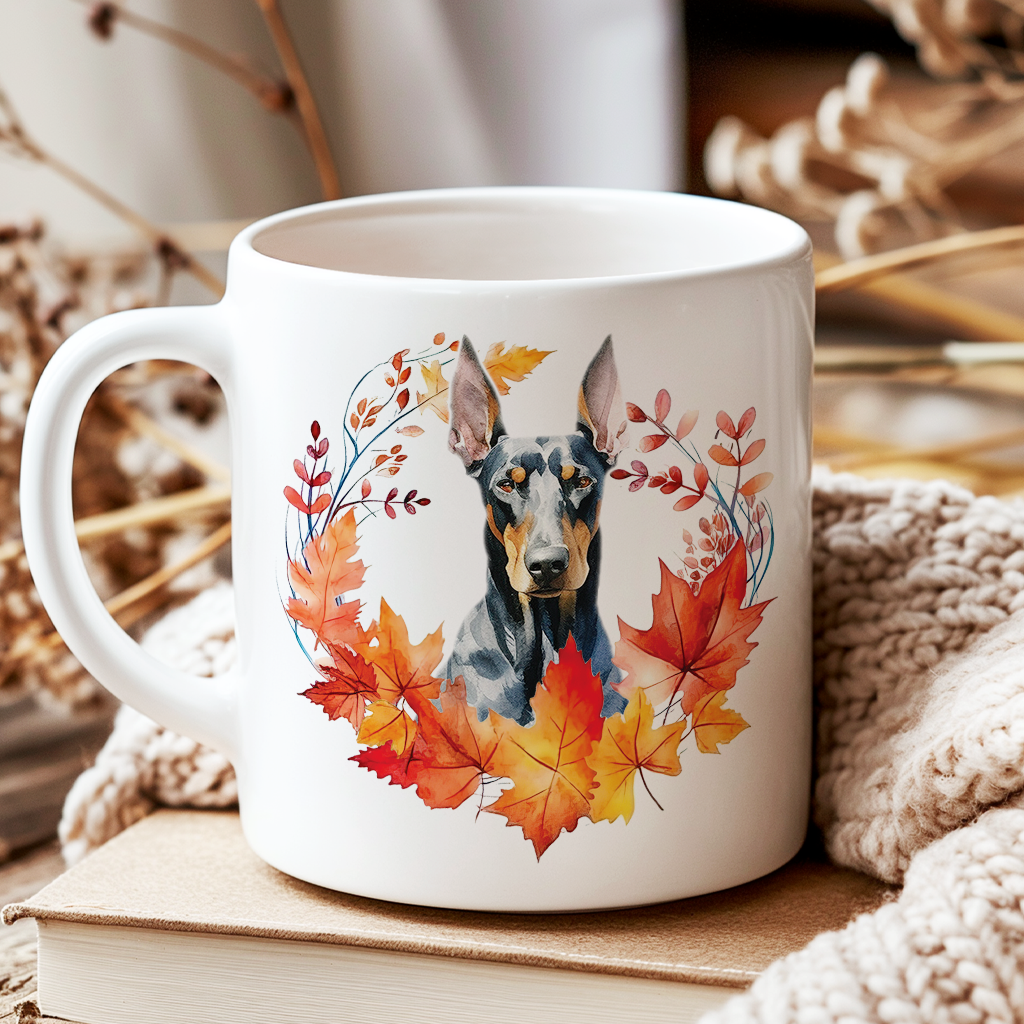 Personalised Doberman in an Autumn wreath - Keepsake Mug, ideal gift for Birthday and Christmas Gift, by Floppsie Moppsie – floppsiemoppsie at floppsiemoppsie.co.uk