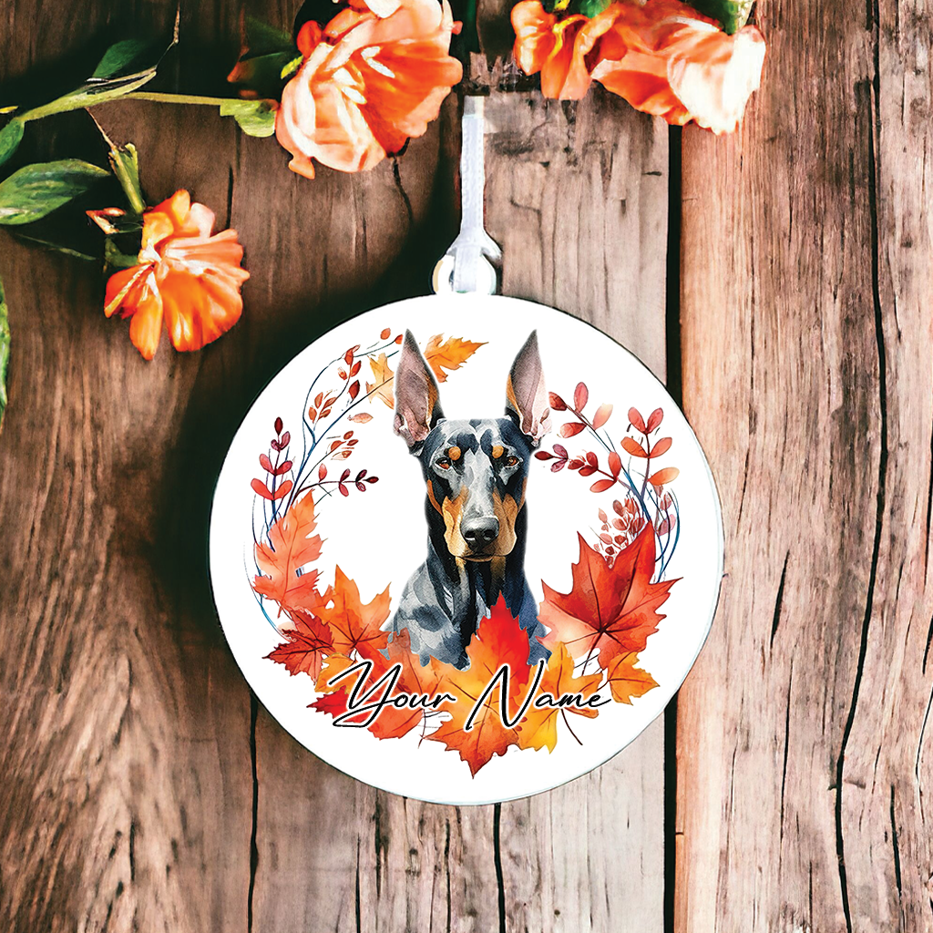 Personalised Dog Doberman in an autumn wreath - Keepsake Gift Hanging Decoration, by Floppsie Moppsie – floppsiemoppsie at floppsiemoppsie.co.uk