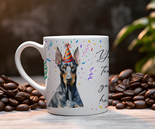 Personalised Dog Gift Mug - Doberman with Birthday Congratulations Party Hat