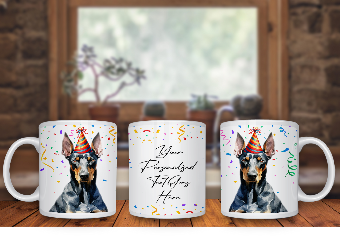 Personalised Dog Gift Mug - Doberman with Birthday Congratulations Party Hat