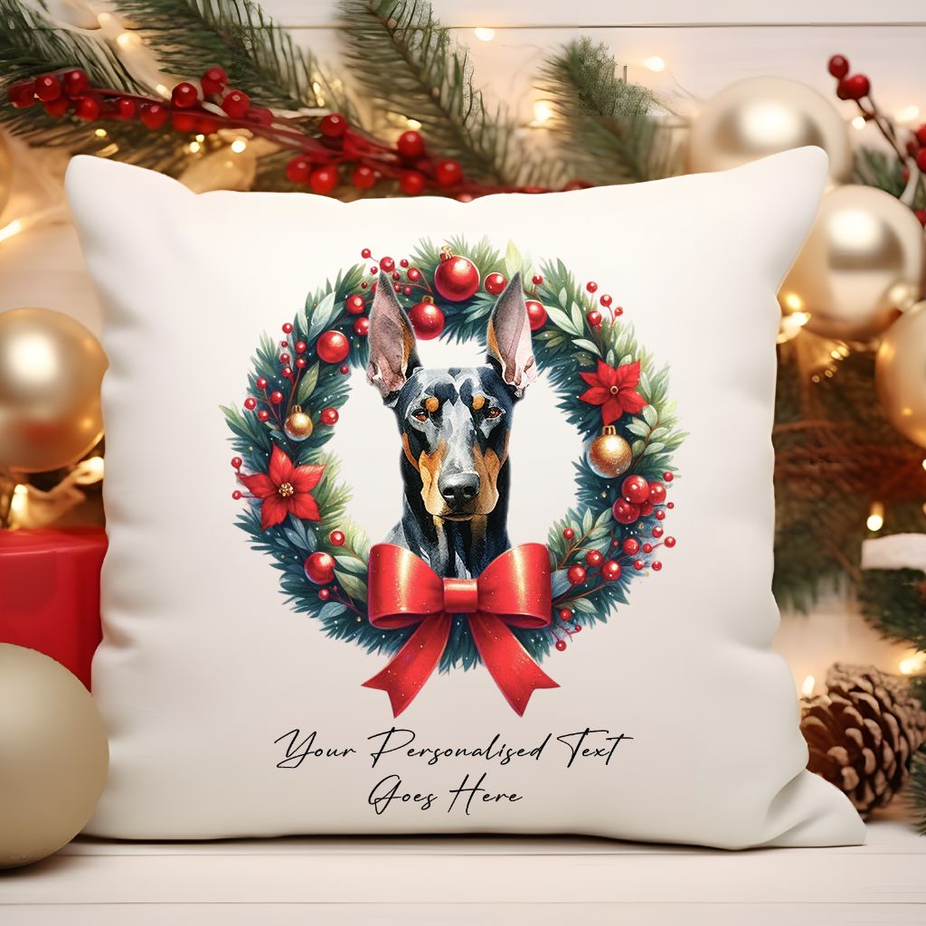 Personalised Doberman in a Christmas wreath - Keepsake Gift cushion, by Floppsie Moppsie – floppsiemoppsie at floppsiemoppsie.co.uk