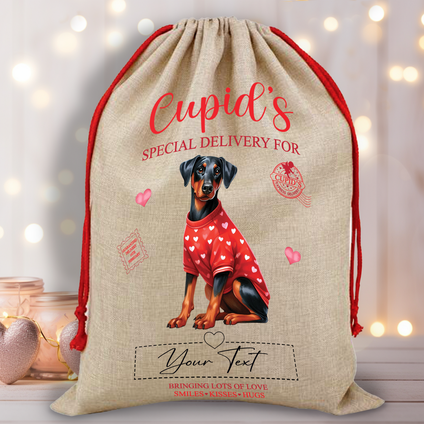 Personalised Dog Love Heart Valentine Anniversary Gift Sack - Doberman