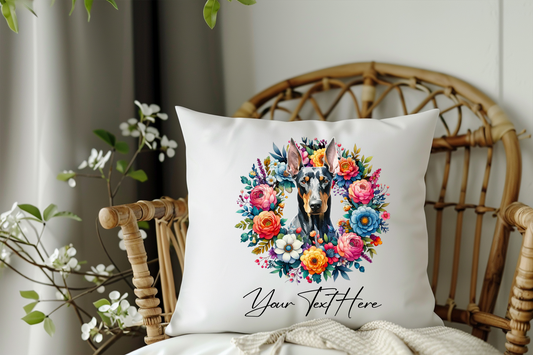 Personalised Floral Summer Pet Dog Wreath with Doberman - Keepsake Gift Cushion, by Floppsie Moppsie – floppsiemoppsie at floppsiemoppsie.co.uk