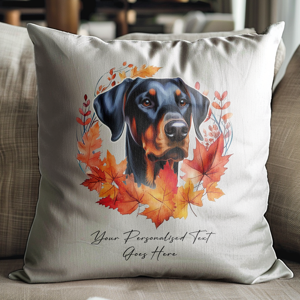 Doberman in Autumn Wreath Personalised Gift Cushion Cover