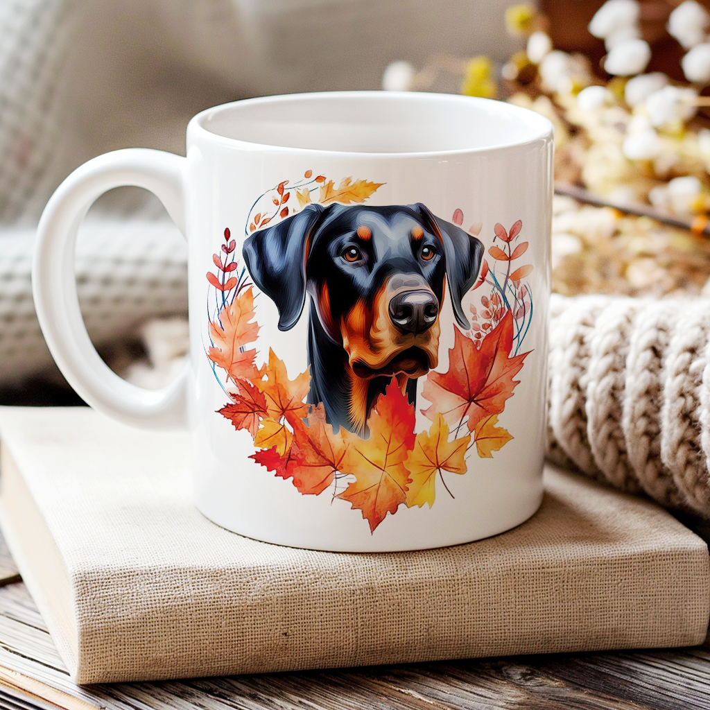 Personalised Doberman in an Autumn wreath - Keepsake Mug, ideal gift for Birthday and Christmas Gift, by Floppsie Moppsie – floppsiemoppsie at floppsiemoppsie.co.uk