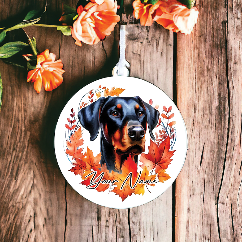 Personalised Doberman Autumn Dog Wreath Hanging Decoration