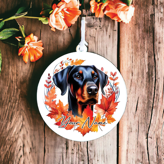 Personalised Dog Doberman in an autumn wreath - Keepsake Gift Hanging Decoration, by Floppsie Moppsie – floppsiemoppsie at floppsiemoppsie.co.uk