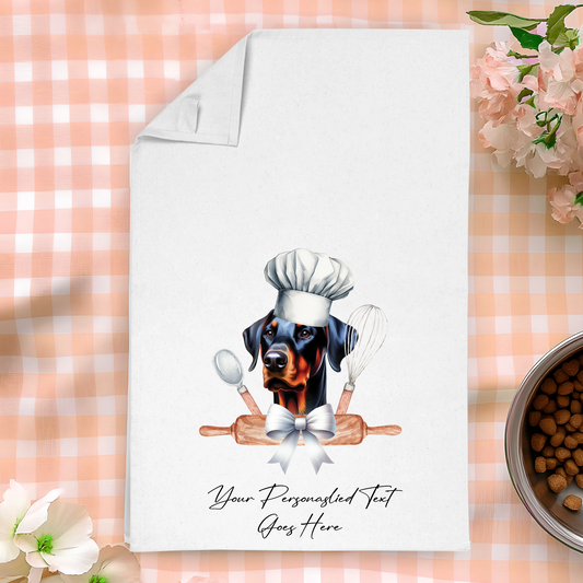 Personalised Dog In Chef Hat Gift Tea Towel - Doberman B