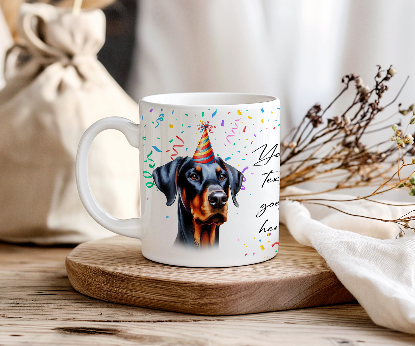 Personalised Dog Gift Mug - Doberman with Birthday Congratulations Party Hat B