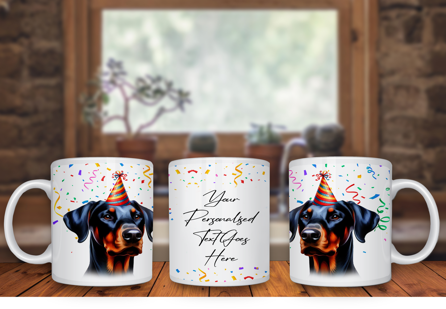 Personalised Dog Gift Mug - Doberman with Birthday Congratulations Party Hat B