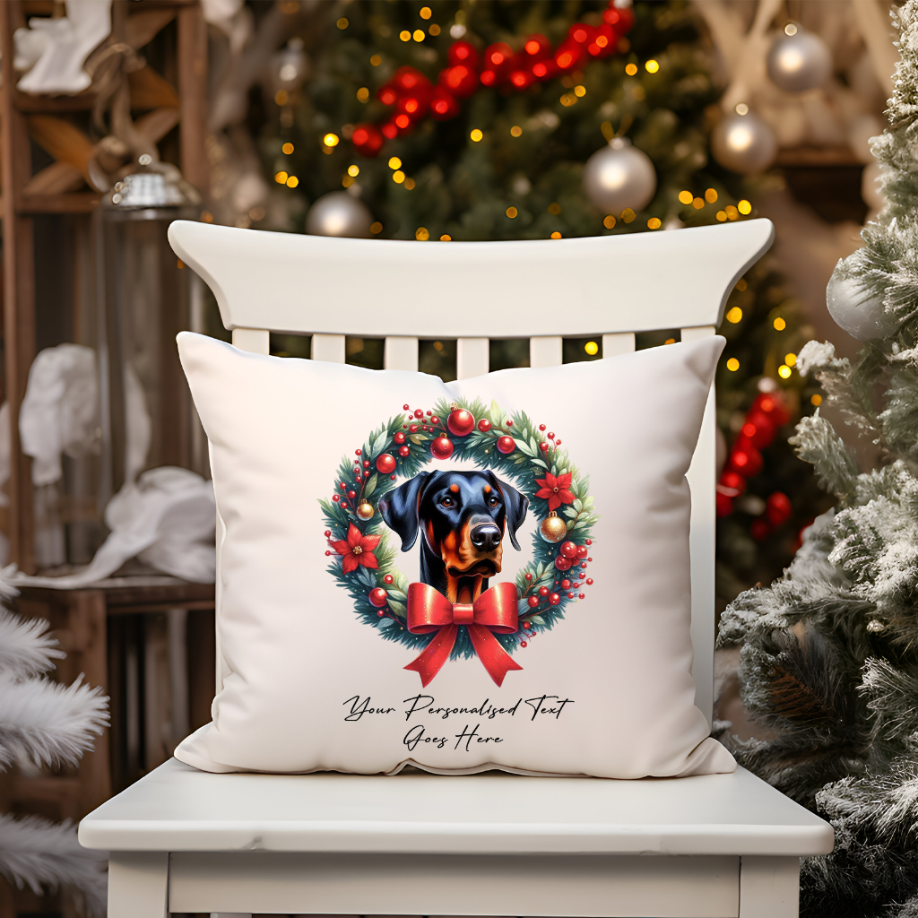 Personalised Doberman in a Christmas wreath - Keepsake Gift cushion, by Floppsie Moppsie – floppsiemoppsie at floppsiemoppsie.co.uk