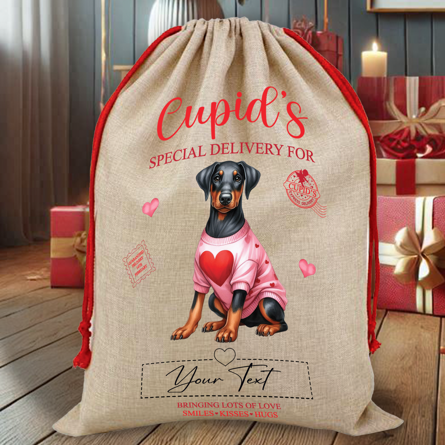 Personalised Dog Love Heart Valentine Anniversary Gift Sack - Doberman B