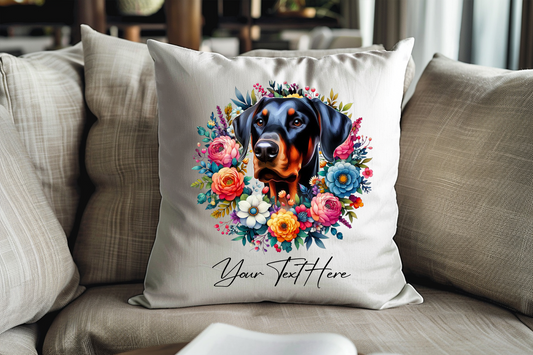 Personalised Floral Summer Pet Dog Wreath with Doberman - Keepsake Gift Cushion, by Floppsie Moppsie – floppsiemoppsie at floppsiemoppsie.co.uk