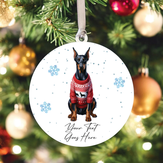 A Personalised Doberman Jumper Dog Hanging Bauble Decoration