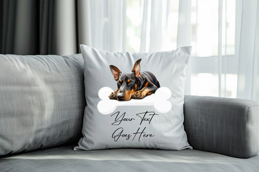 Personalised Doberman sleeping on a bone Pet Dog Keepsake Gift Cushion, by Floppsie Moppsie – floppsiemoppsie at floppsiemoppsie.co.uk