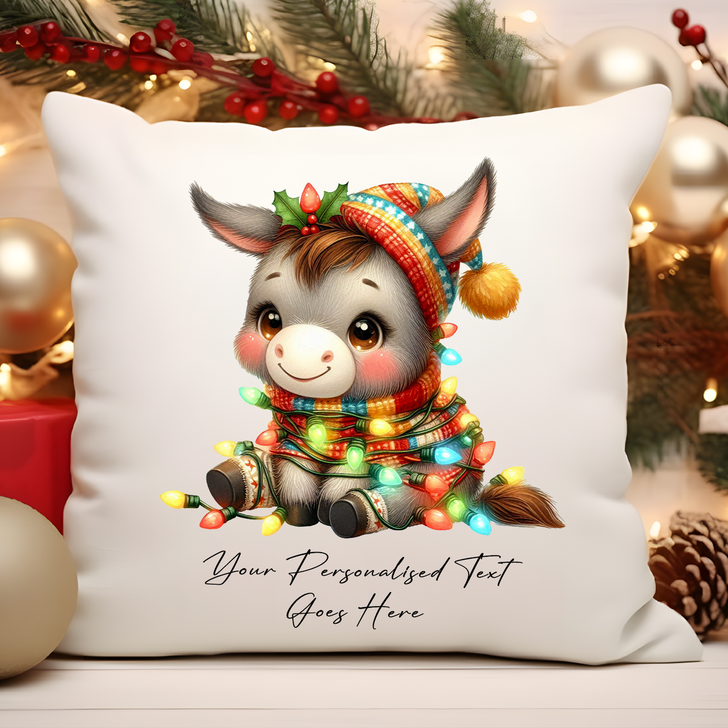 Personalised Donkey wrapped in Christmas Lights Cushion Cover Gift - Style B