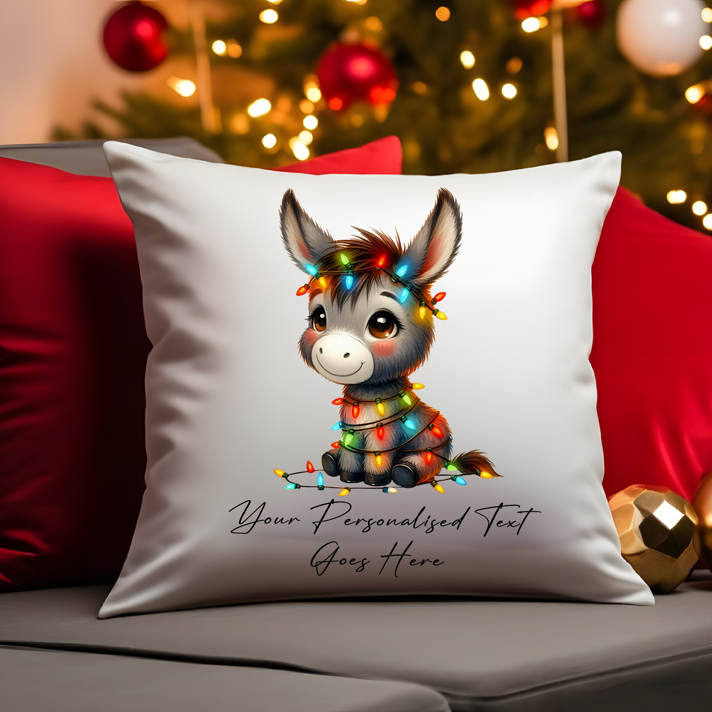 Personalised Donkey wrapped in Christmas Lights Cushion Cover Gift - Style D