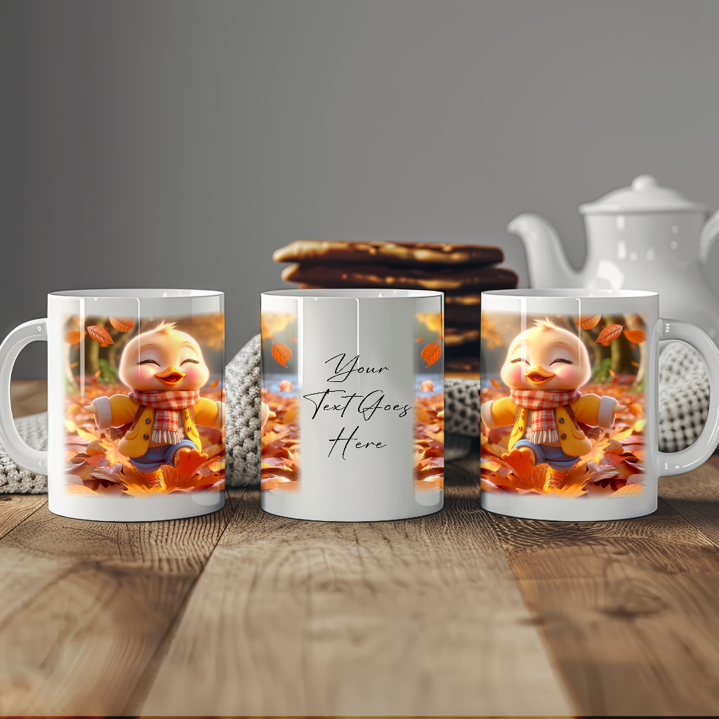 Personalised Cute Duck Playing in Autumn Leaves - Keepsake Gift Mug, by Floppsie Moppsie – floppsiemoppsie at floppsiemoppsie.co.uk