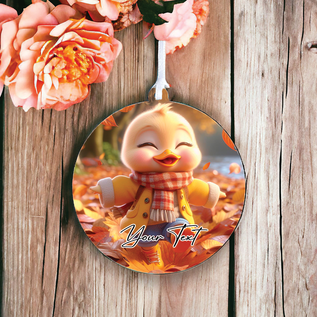 Cute Personalised Duck playing in the autumn leaves - Keepsake Gift Hanging Decoration, by Floppsie Moppsie – floppsiemoppsie at floppsiemoppsie.co.uk