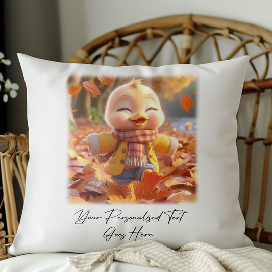 Personalised Cute Duck Playing in Autumn Leaves - Keepsake Gift Cushion, by Floppsie Moppsie – floppsiemoppsie at floppsiemoppsie.co.uk