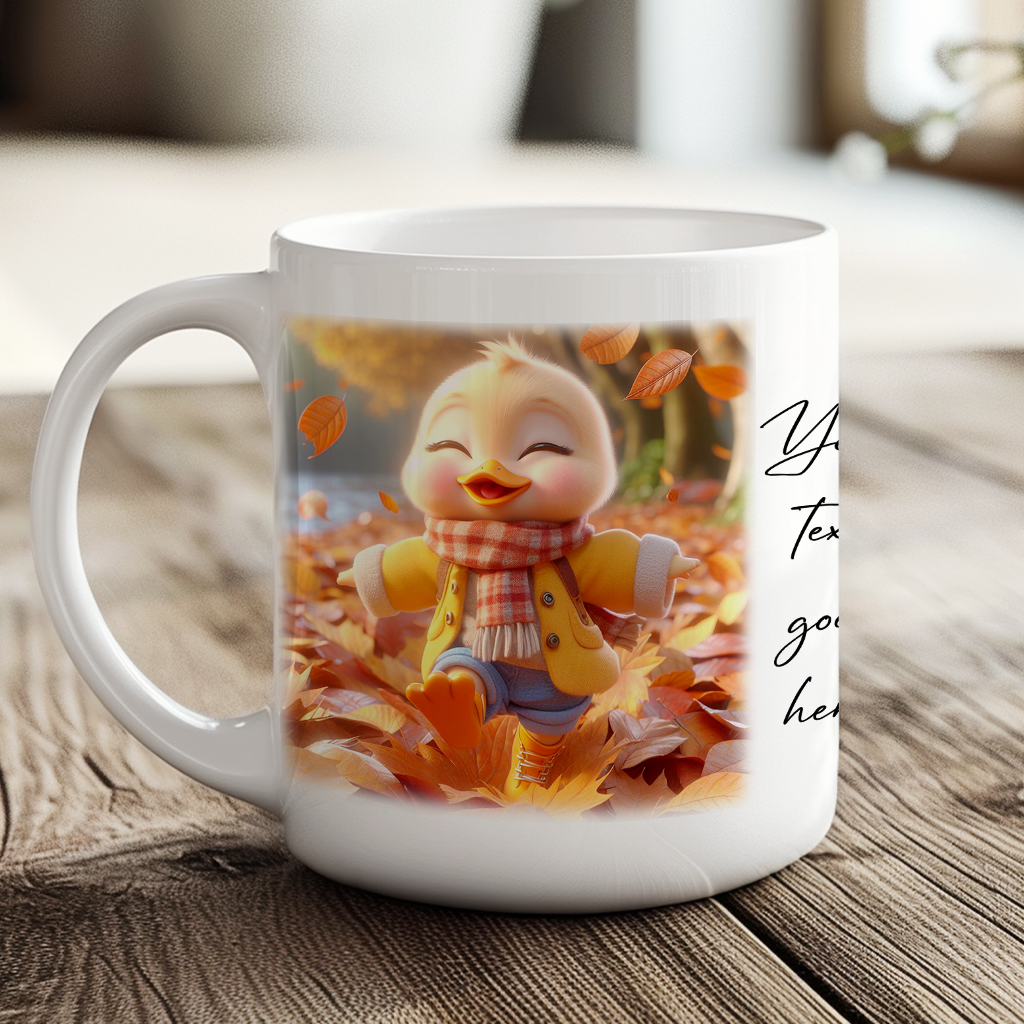 Personalised Cute Duck Playing in Autumn Leaves - Keepsake Gift Mug, by Floppsie Moppsie – floppsiemoppsie at floppsiemoppsie.co.uk