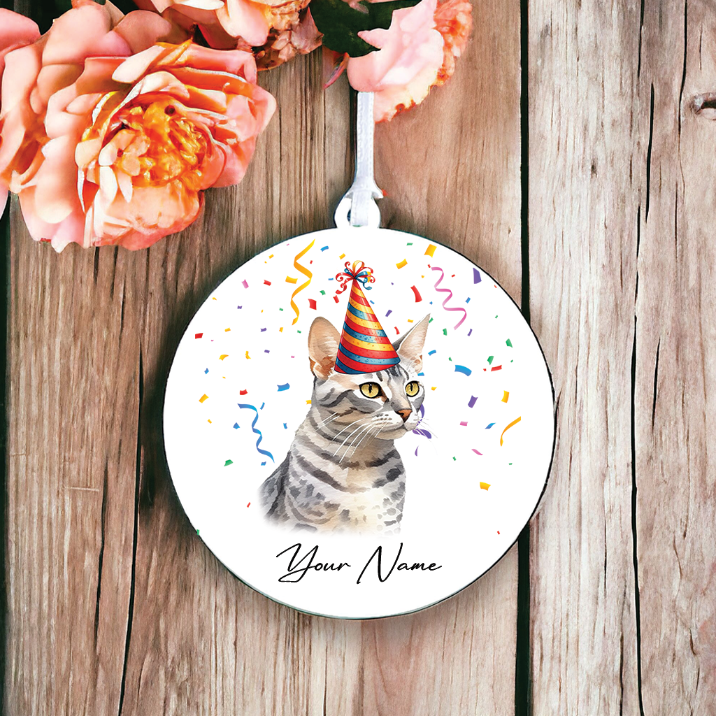 Personalised Egyptian Mau Cat Birthday Party Hat - Hanging Bauble Decoration