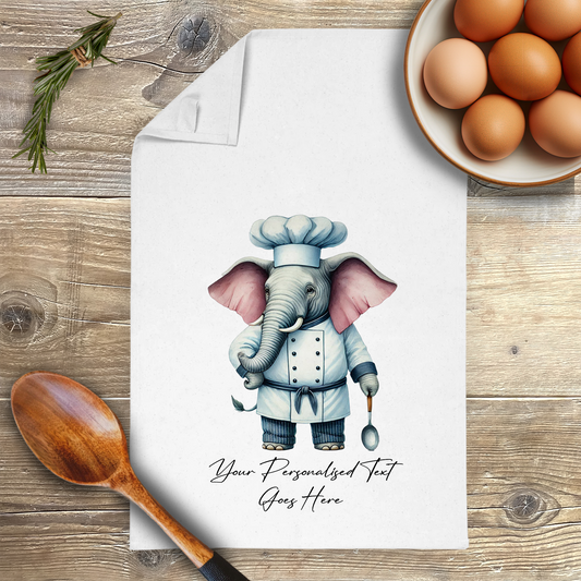 Personalised Watercolour Animal Chef Elephant Tea Towel B