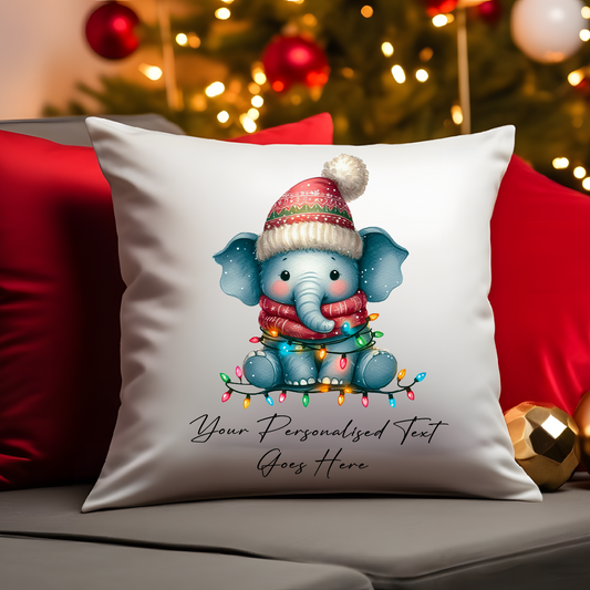 Personalised Elephant wrapped in Christmas Lights Cushion Cover Gift - Style A