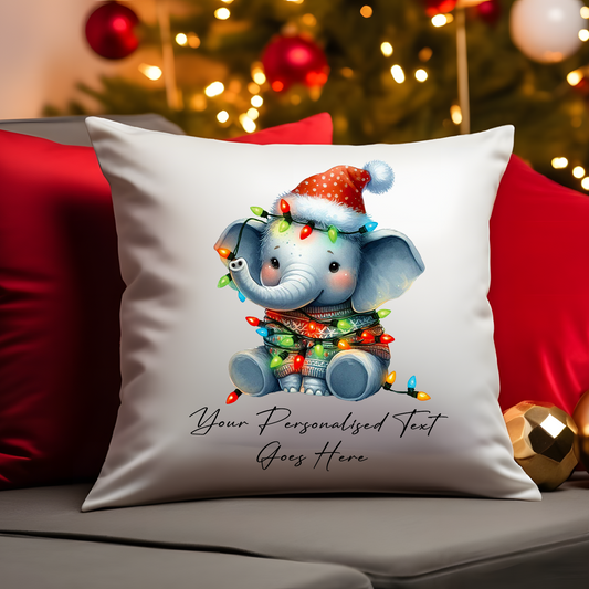 Personalised Elephant wrapped in Christmas Lights Cushion Cover Gift - Style B