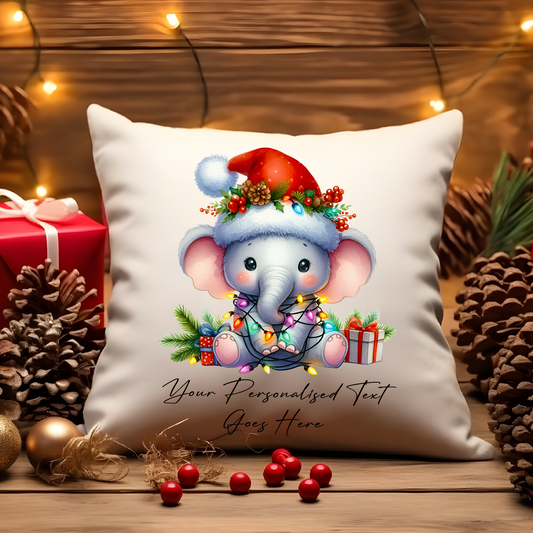 Personalised Elephant wrapped in Christmas Lights Cushion Cover Gift - Style C