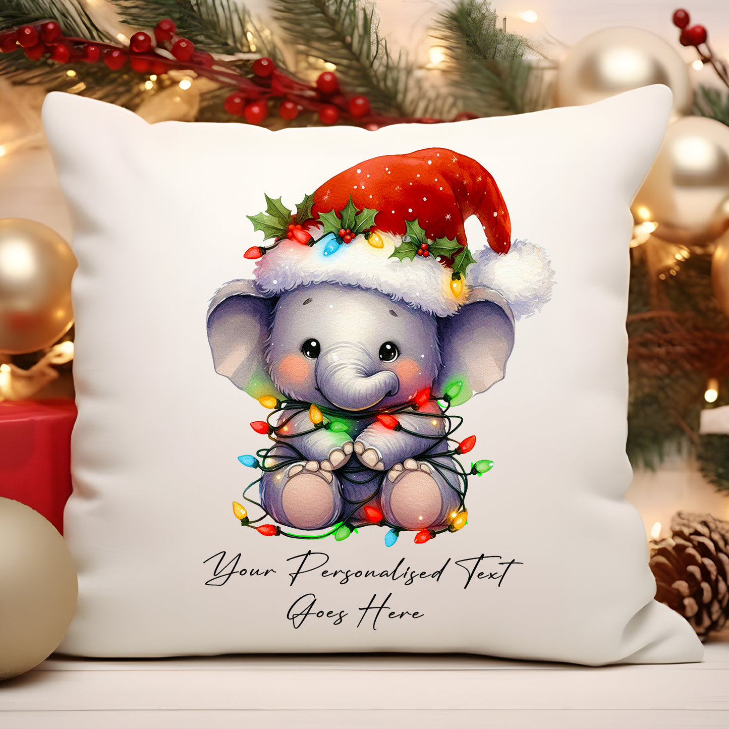 Personalised Elephant wrapped in Christmas Lights Cushion Cover Gift - Style D