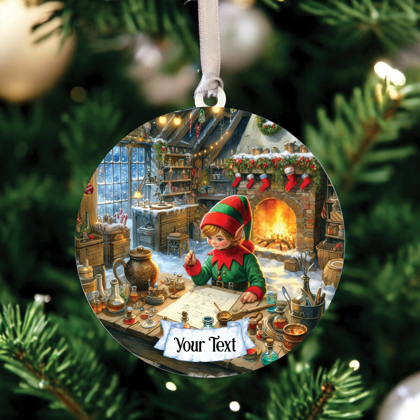 Personalised Christmas Elf Workshop Hanging Bauble Decoration